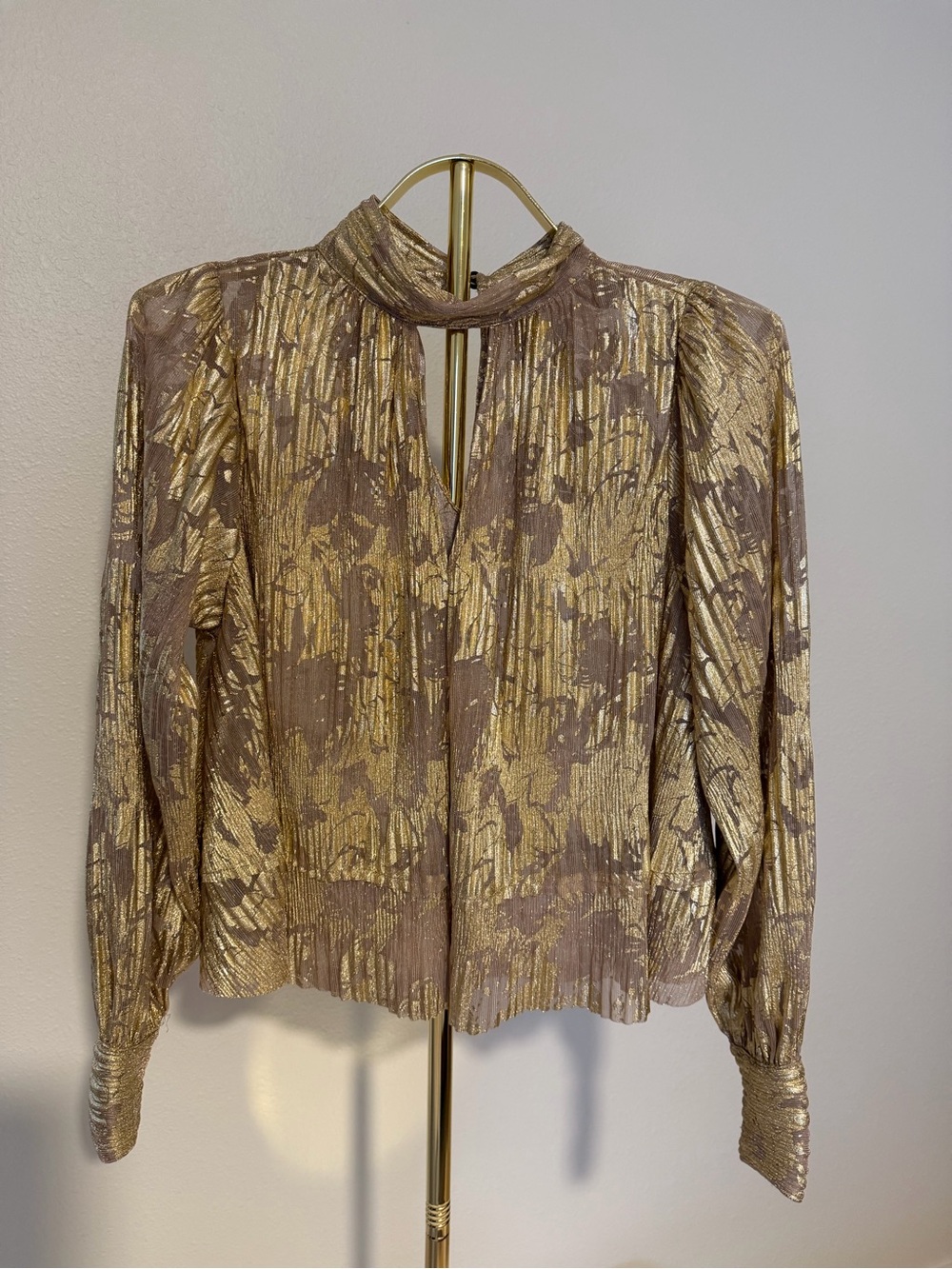 Maeve Gold Metallic Floral Mock Neck Blouse